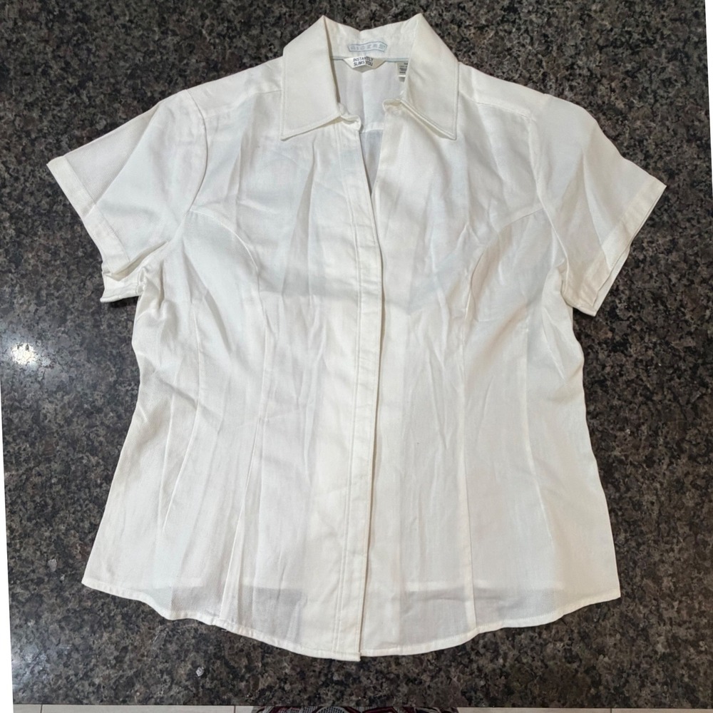 Riders by Lee Womens White Short Sleeve Button Down Slimming Cotton Shirt M